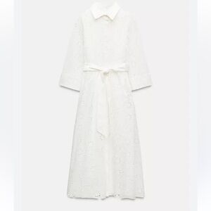 ZARA ZW Collection Elegant White Eyelet Dress with Belt
